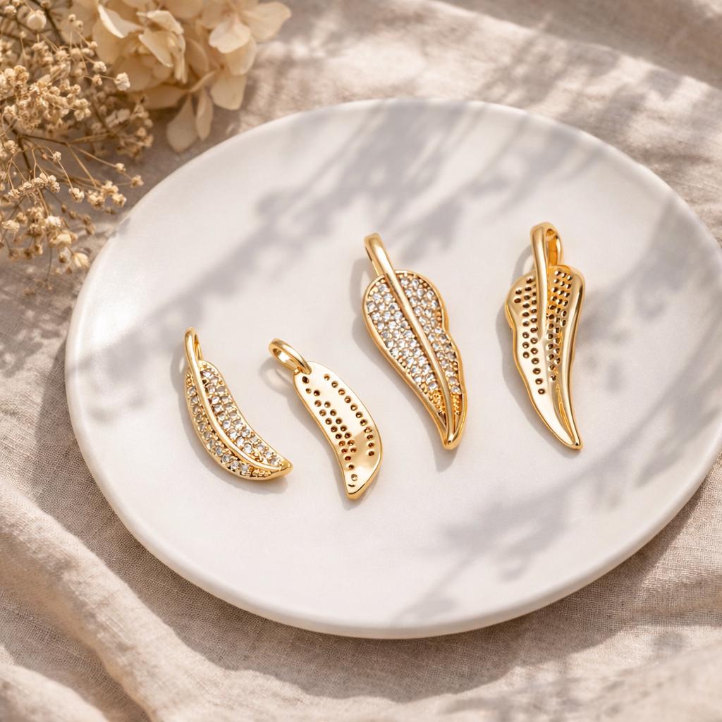 4pcs CZ pave Gold Leaf Charms, 18K Gold plated Brass, Dainty Feather Pendants (GB-2310)